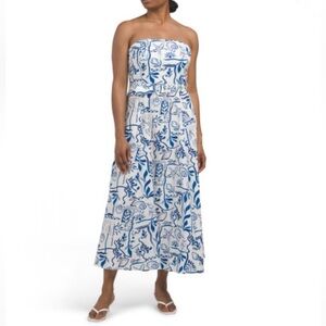 Rachel Zoe White blue beach shells strapless maxi dress with belt